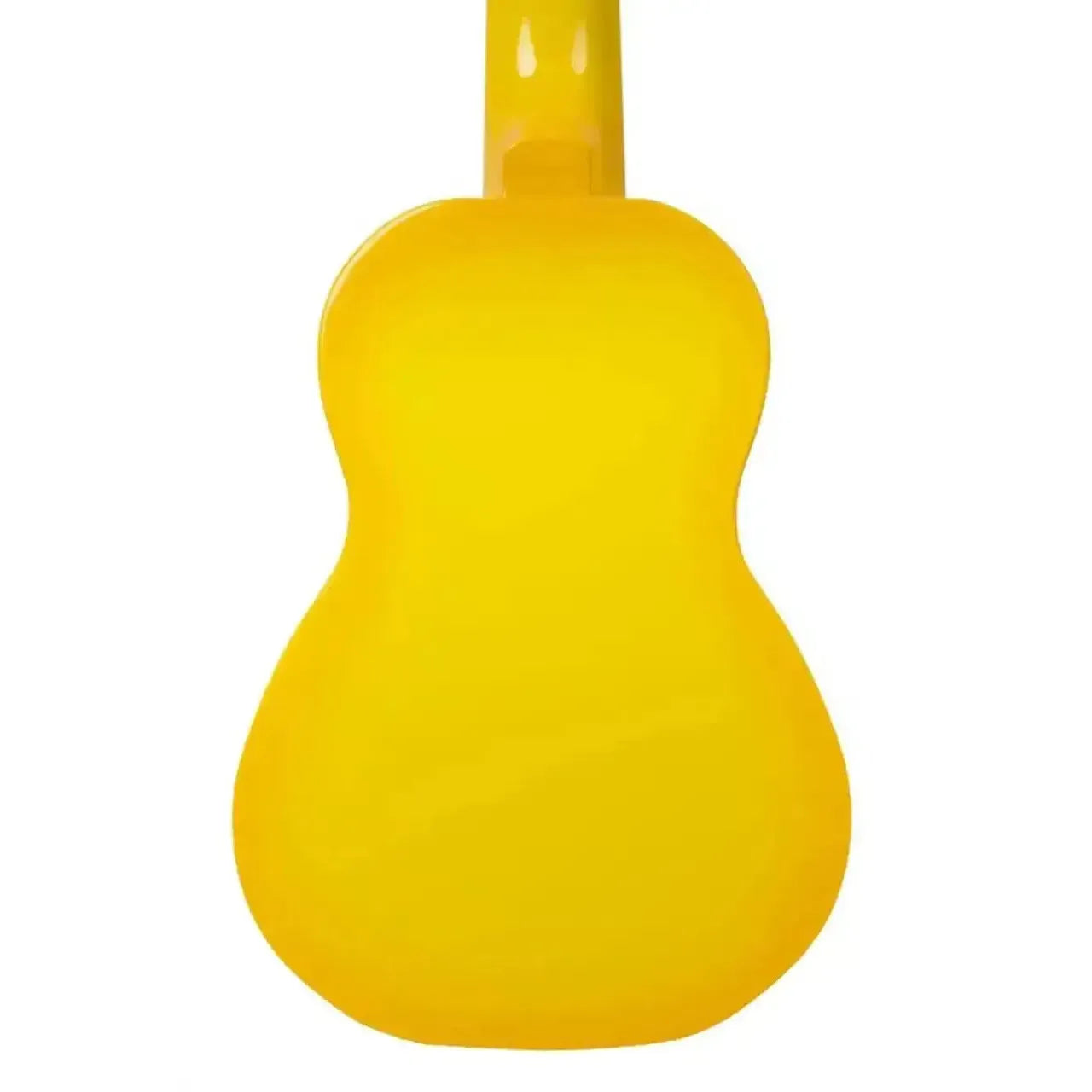 Back of a glossy, bright yellow Makala MK-SD/YLBURST Dolphin Soprano Ukulele.