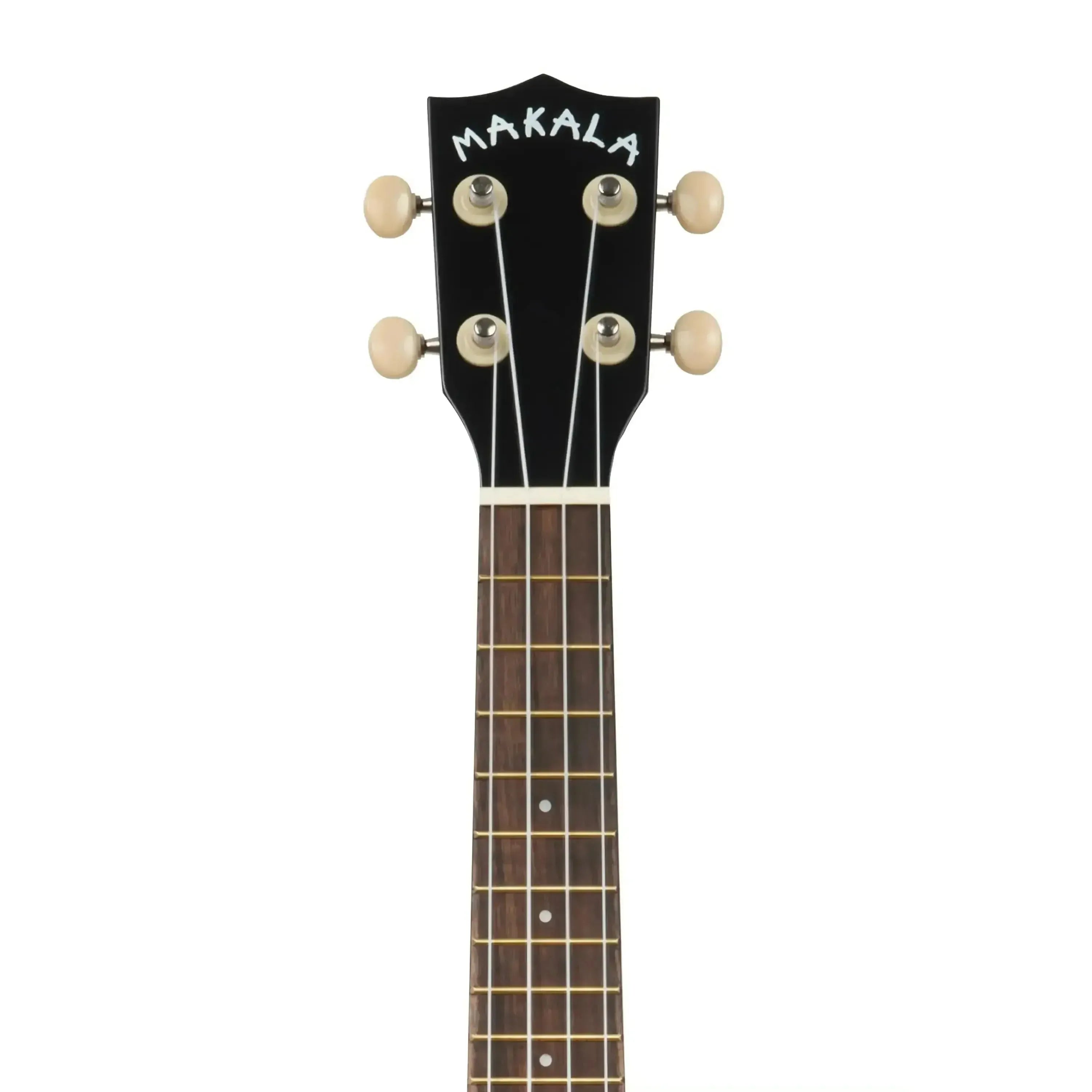 Makala Blacktip Shark Soprano Ukulele headstock with black finish, white logo, and cream tuning pegs.