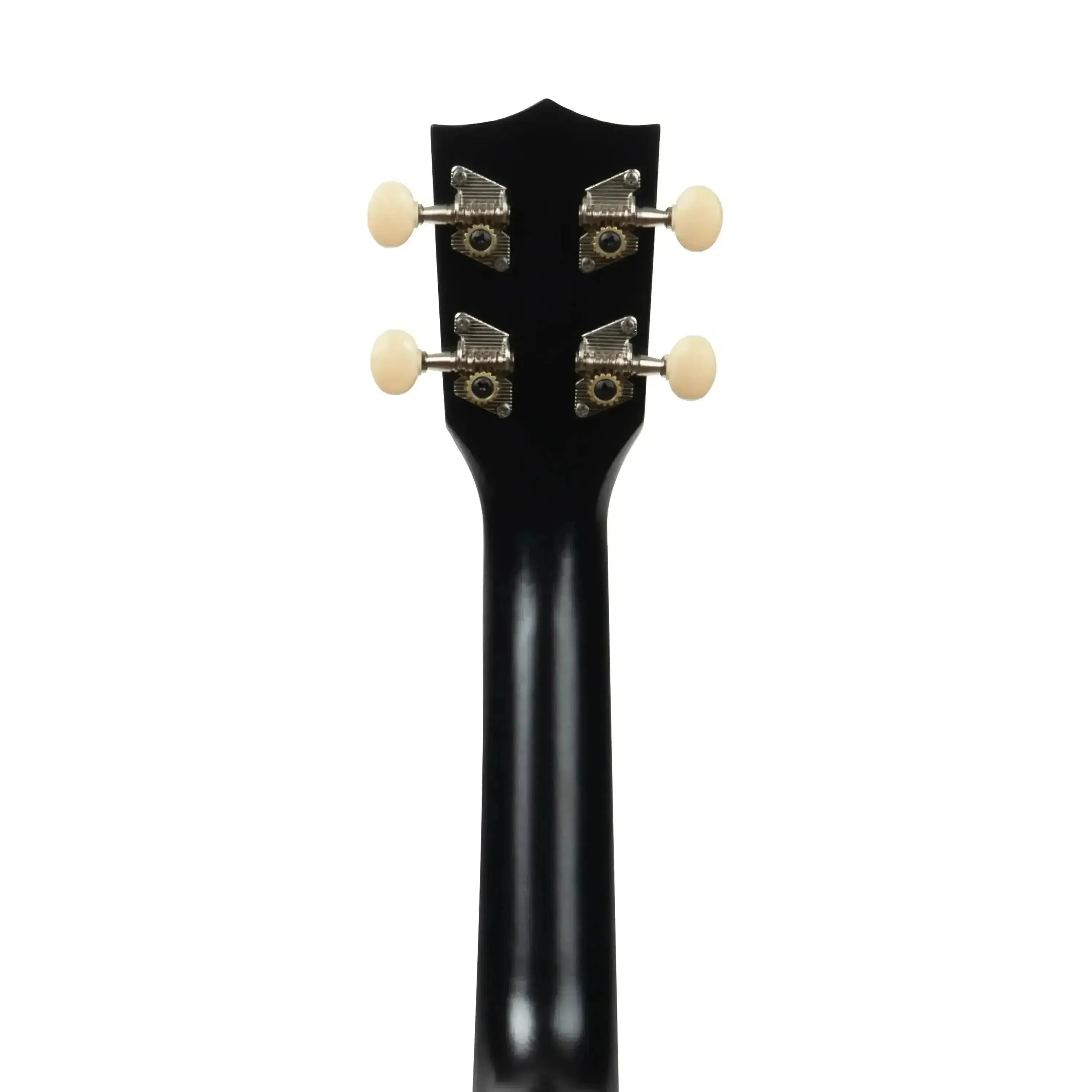 Back of a black Makala MK-SS/BLK Blacktip Shark Soprano Ukulele headstock and neck with cream tuning pegs.