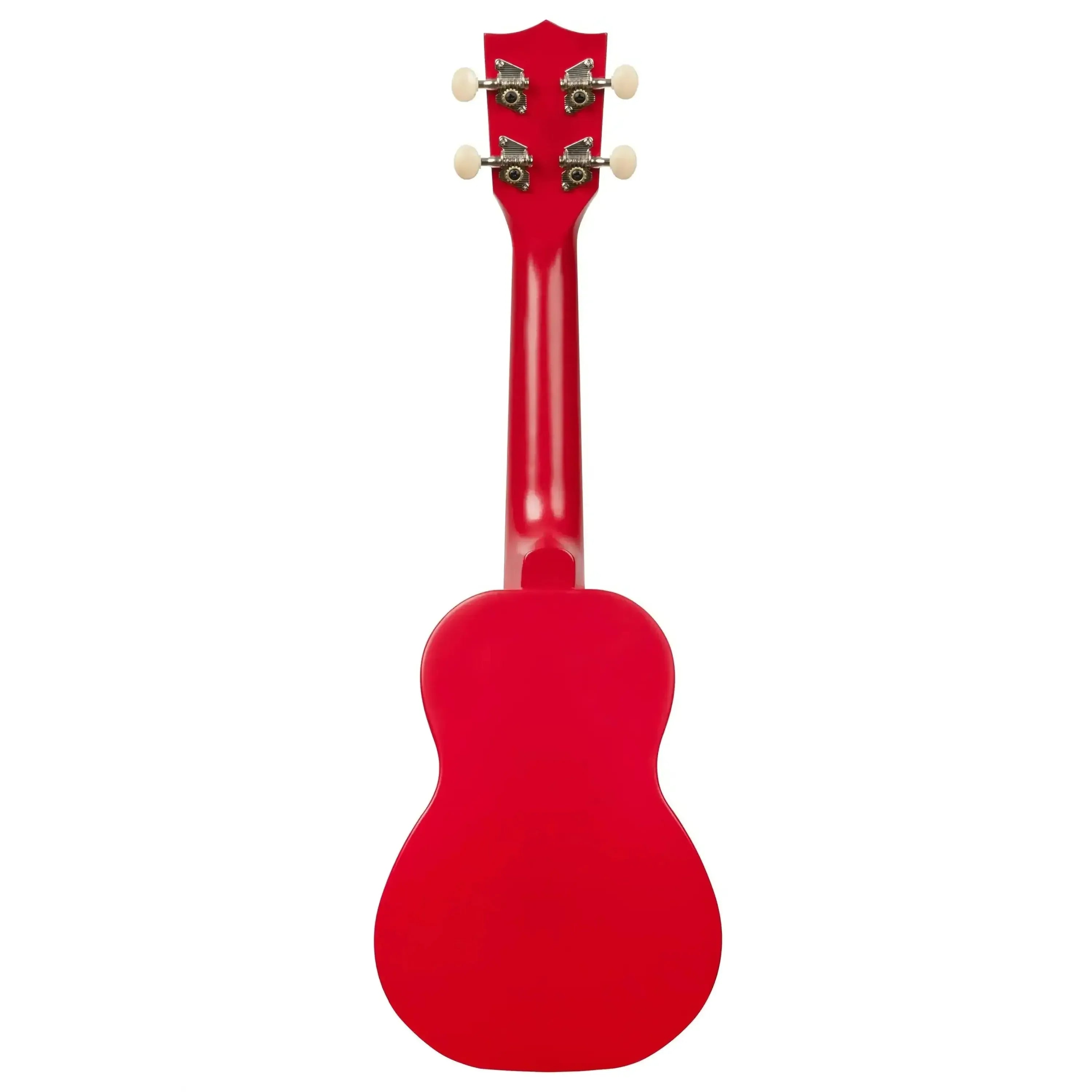 Makala MK-SS/RED Red Sea Shark Soprano Ukulele, back view, showing red body, neck, and headstock with tuners.