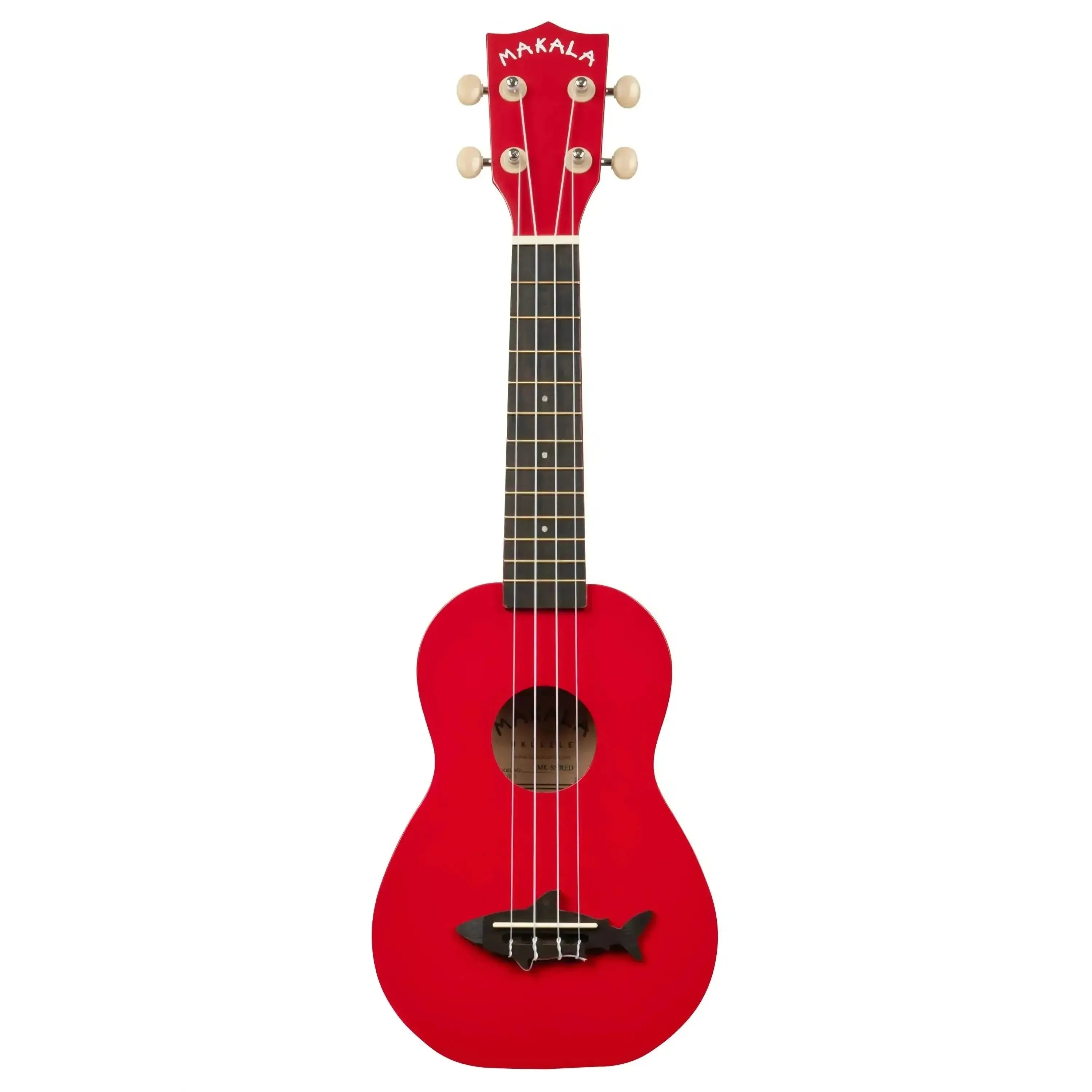 Makala MK-SS/RED Red Sea Shark Soprano Ukulele with a shark-shaped bridge and matte finish.