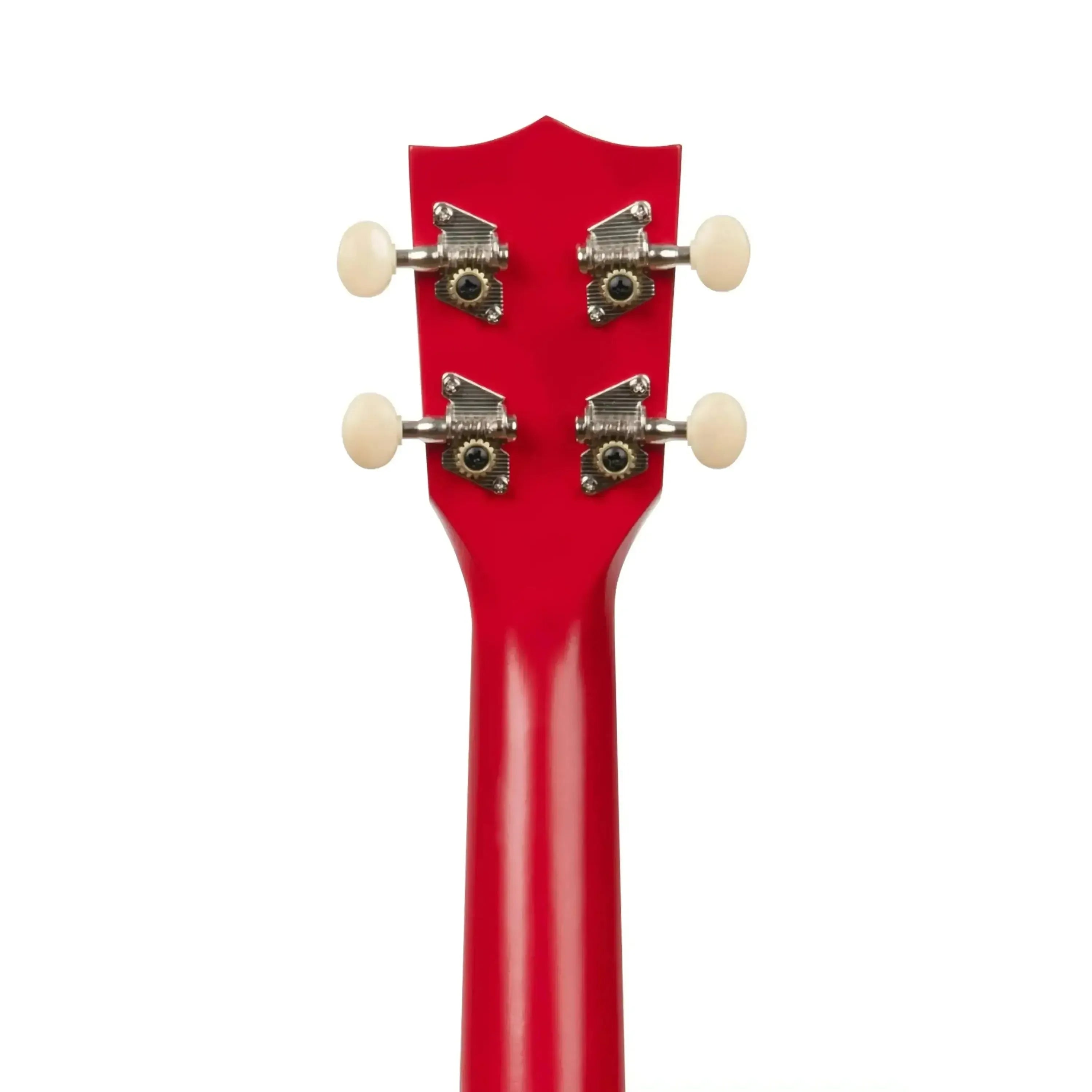 Makala MK-SS/RED Red Sea Shark Soprano Ukulele headstock with four white tuning pegs.