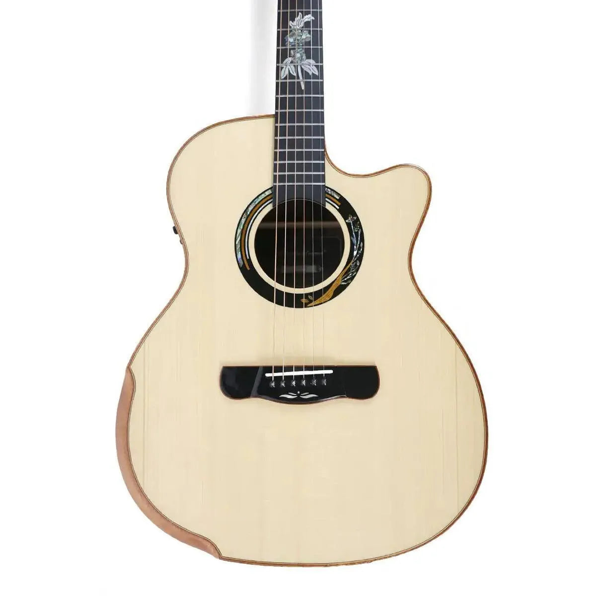 Mérida A18GAC1-EQ Auditorium acoustic-electric guitar with light spruce top, rosewood sides, and ornate soundhole.