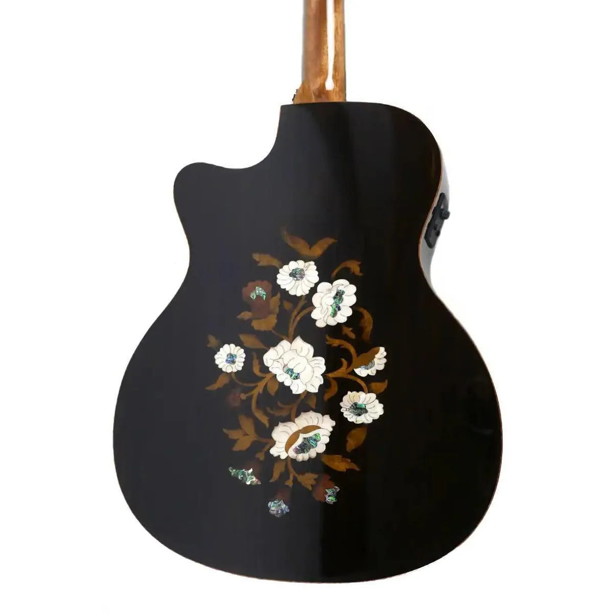 Mérida A18GAC1-EQ acoustic-electric guitar back with ornate white floral inlay on black finish.