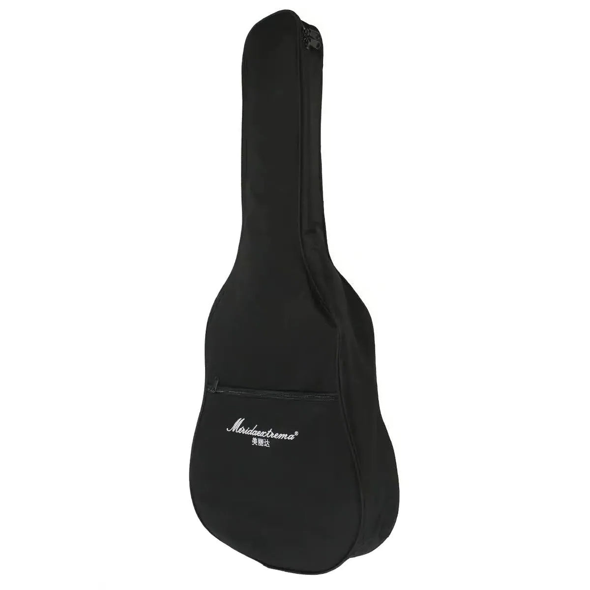 Black Mérida GB-15 gig bag for acoustic-electric guitar, with white logo and zipper pocket.