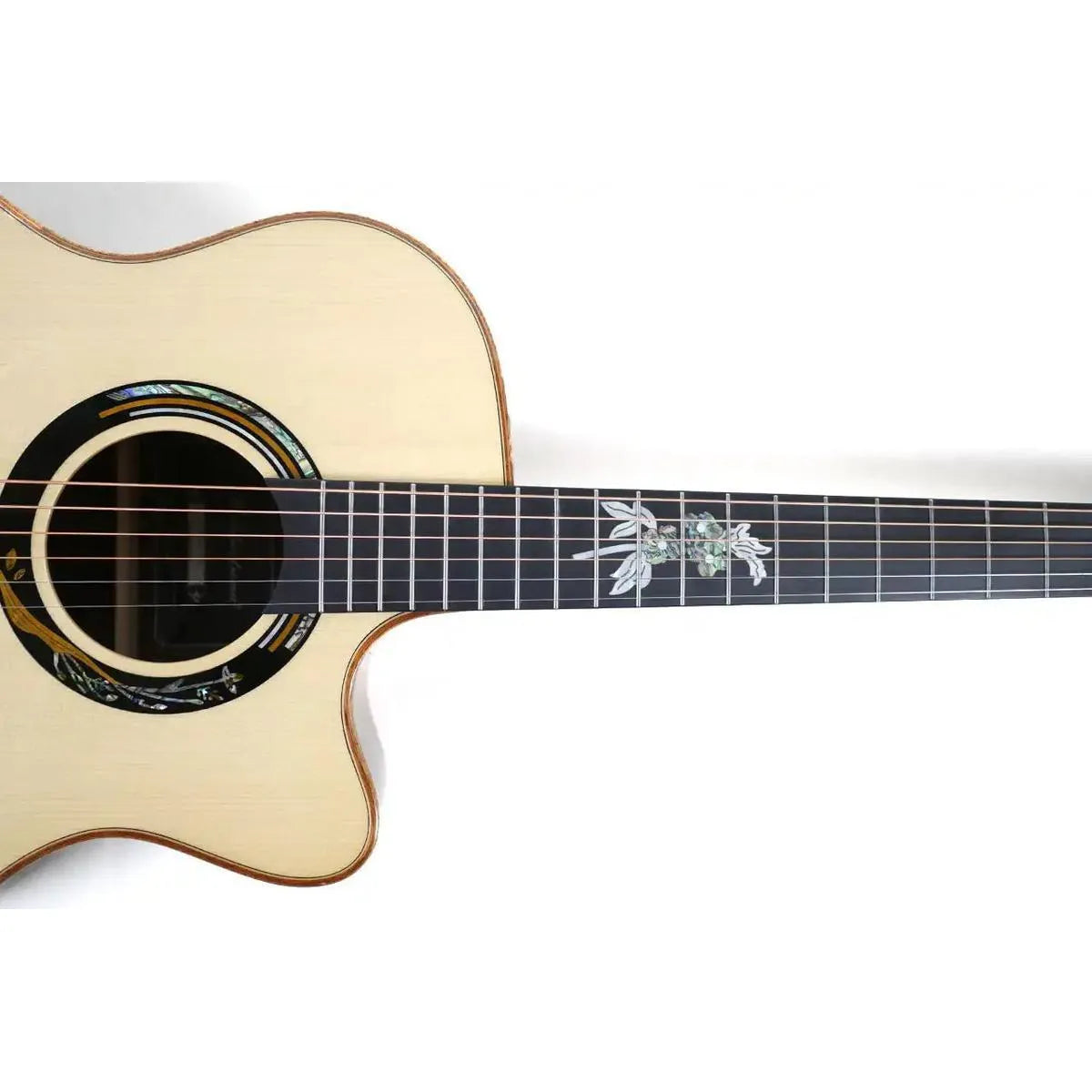 Mérida A18GAC1-EQ acoustic-electric guitar with light spruce top, abalone rosette, and floral fretboard inlay.