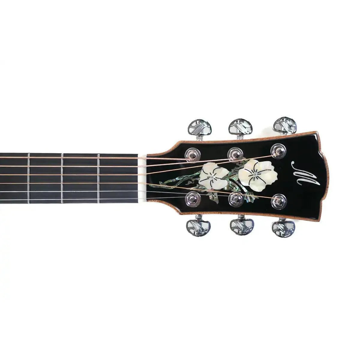 Mérida A18GAC1-EQ acoustic-electric guitar headstock with mother-of-pearl floral inlay and chrome tuners.