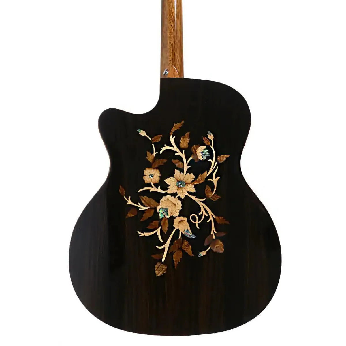 Mérida A18GAC3-EQ Grand Auditorium acoustic-electric guitar back with intricate floral wood inlay.