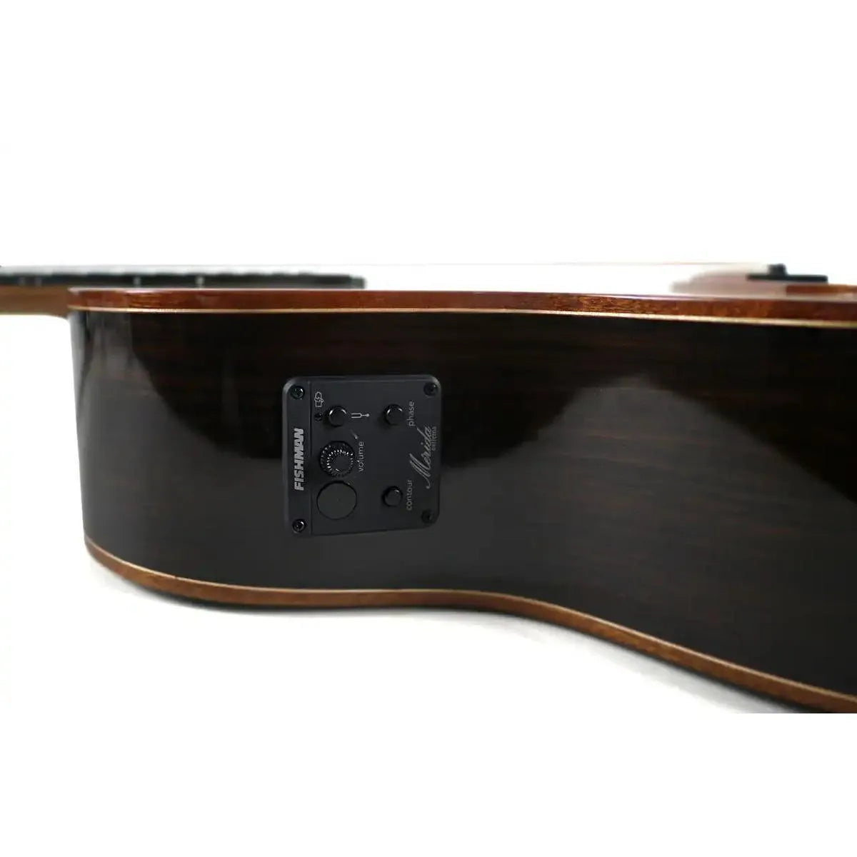 Mérida A18GAC3-EQ Grand Auditorium acoustic-electric guitar's dark rosewood side with Fishman ISY-201 pickup.