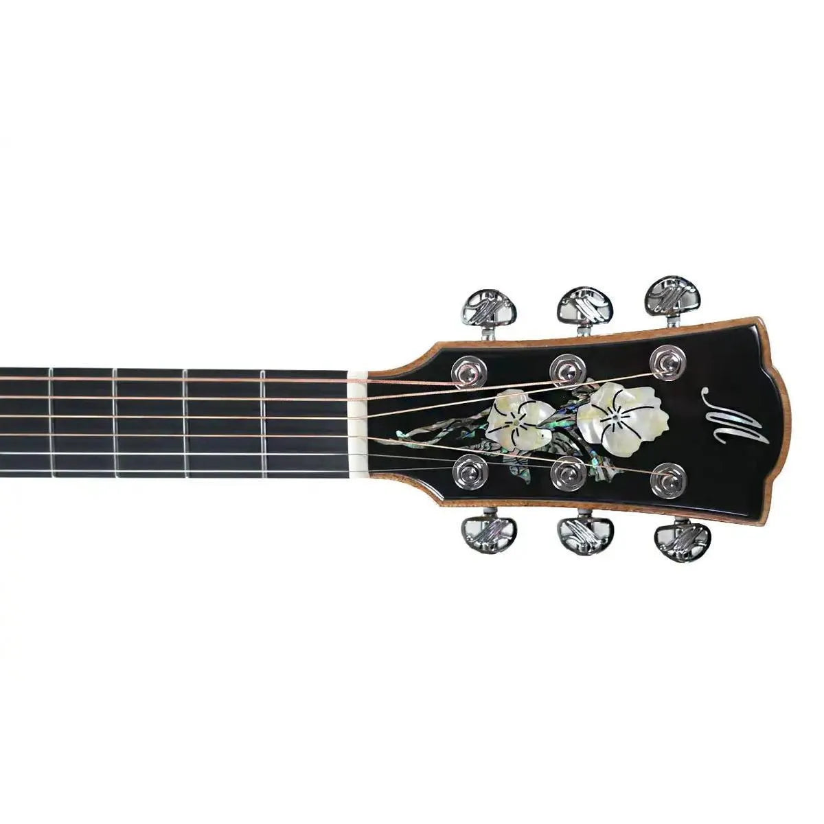 Mérida A18GAC3-EQ acoustic-electric guitar headstock with mother-of-pearl floral inlay and chrome tuners.