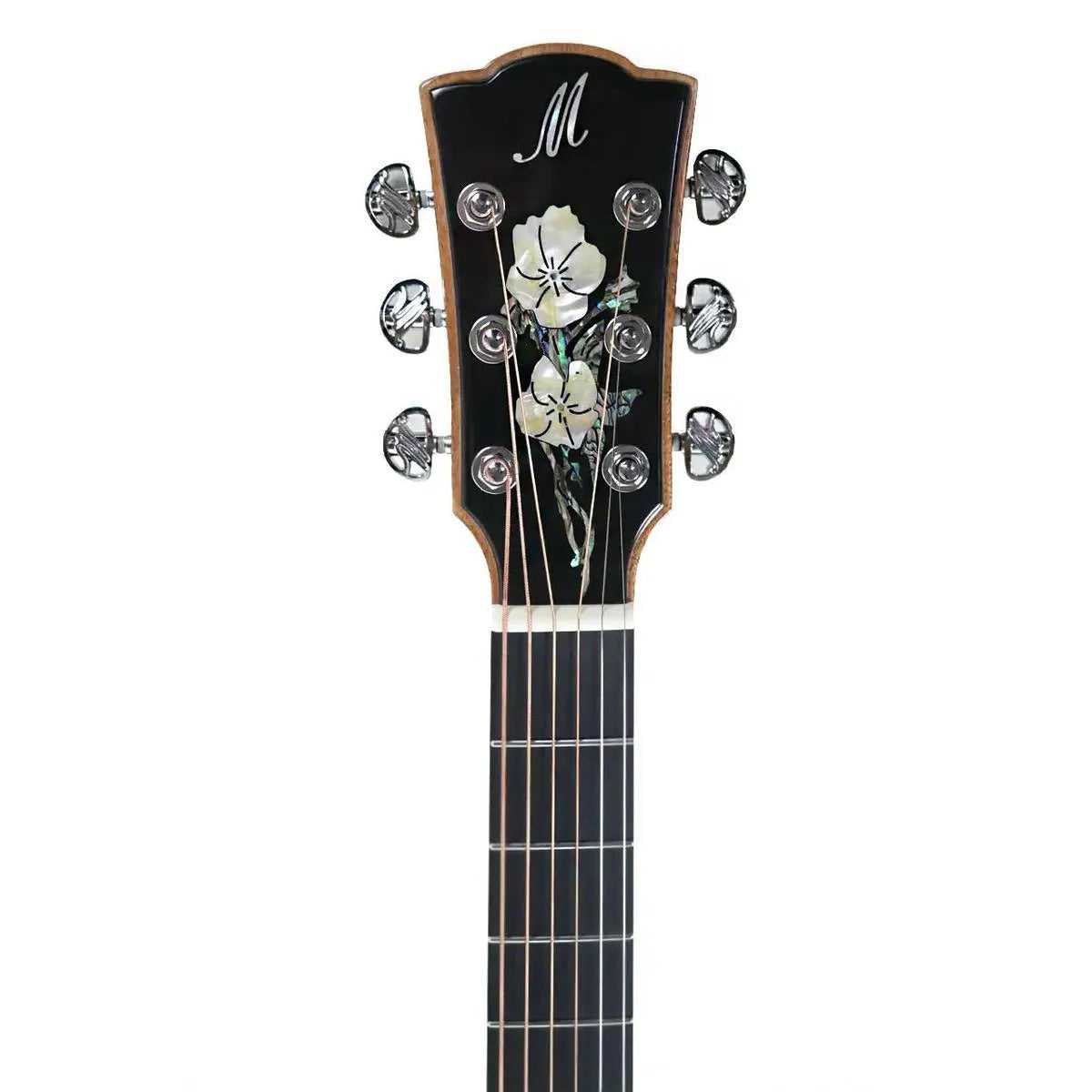 Mérida A18GAC3-EQ acoustic-electric guitar headstock with mother-of-pearl floral inlay and chrome tuners.