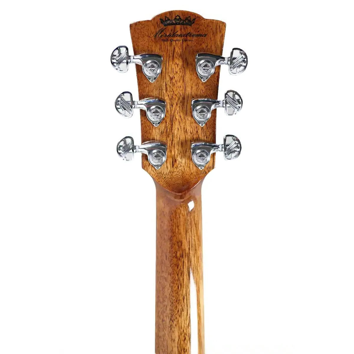 Mérida A18GAC3-EQ acoustic-electric guitar headstock with chrome tuners and mahogany neck.