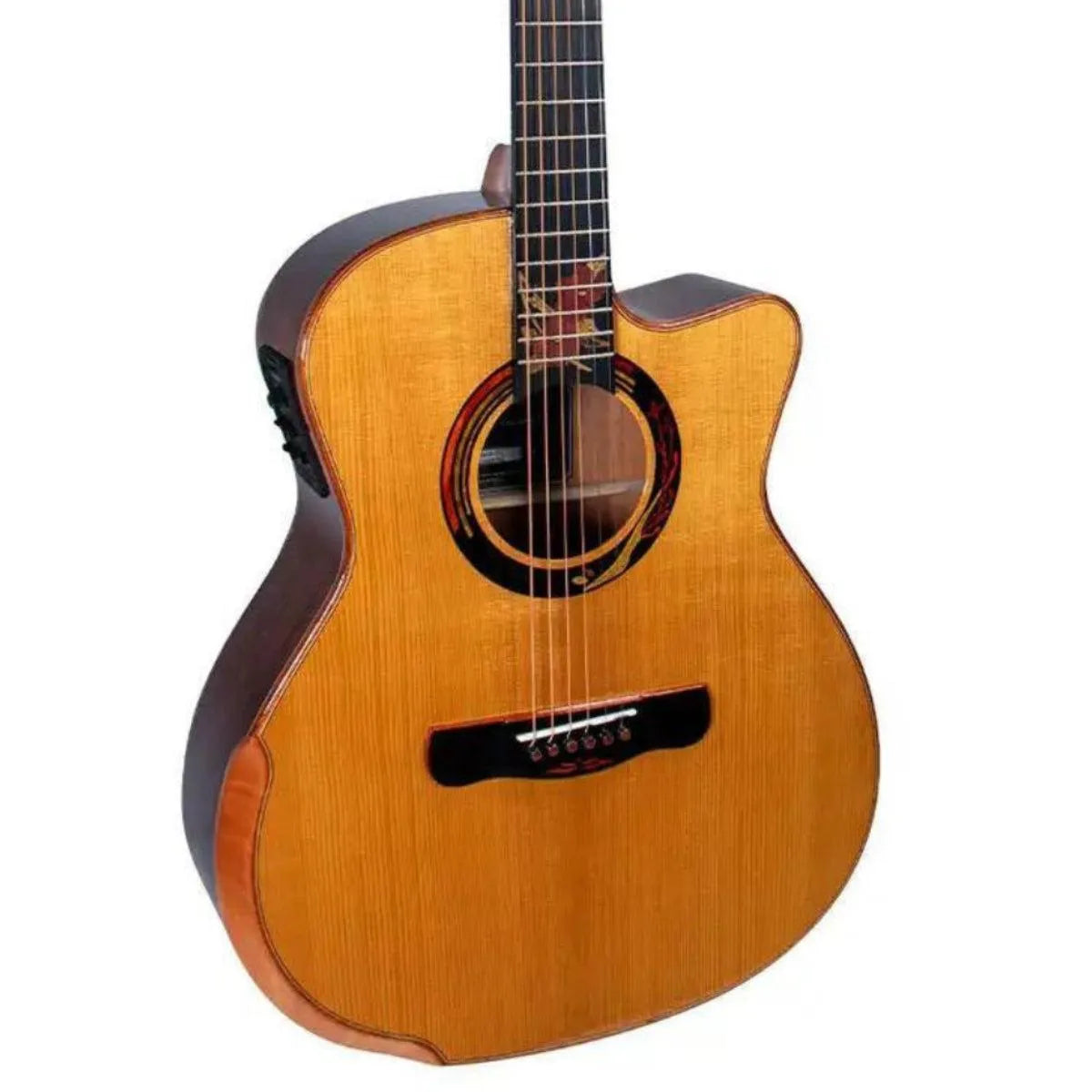 Mérida AUTUMN-EQ acoustic-electric guitar with solid spruce top, mahogany back/sides, and ornate rosette.