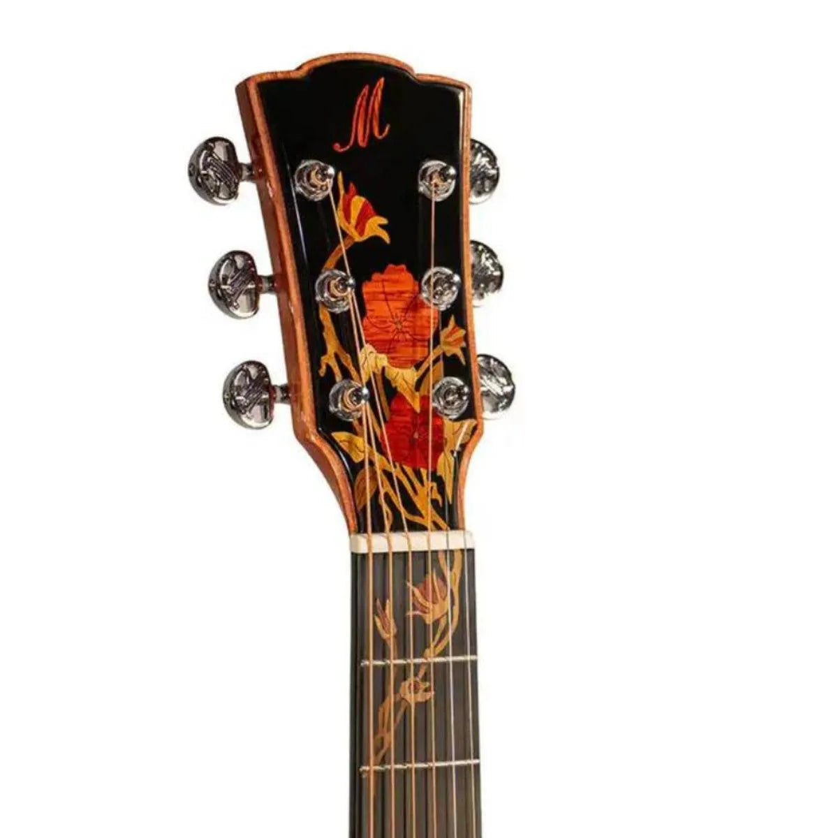Mérida AUTUMN-EQ acoustic-electric guitar headstock with black finish, chrome tuners, and floral inlay.