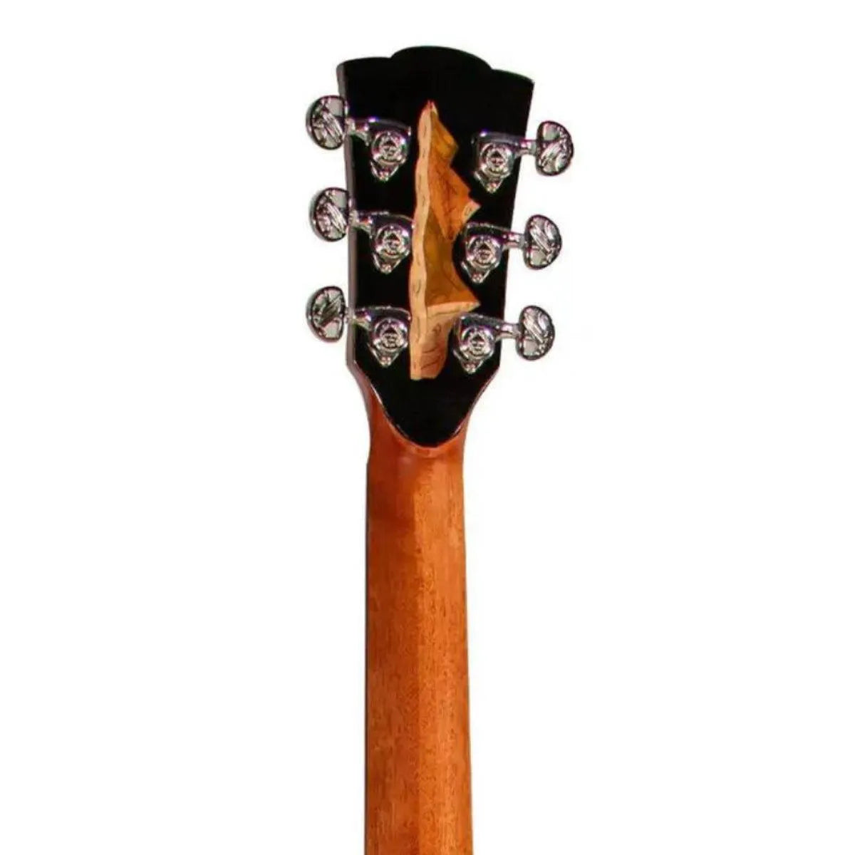 Mérida AUTUMN-EQ acoustic-electric guitar headstock with chrome tuners and mahogany neck.
