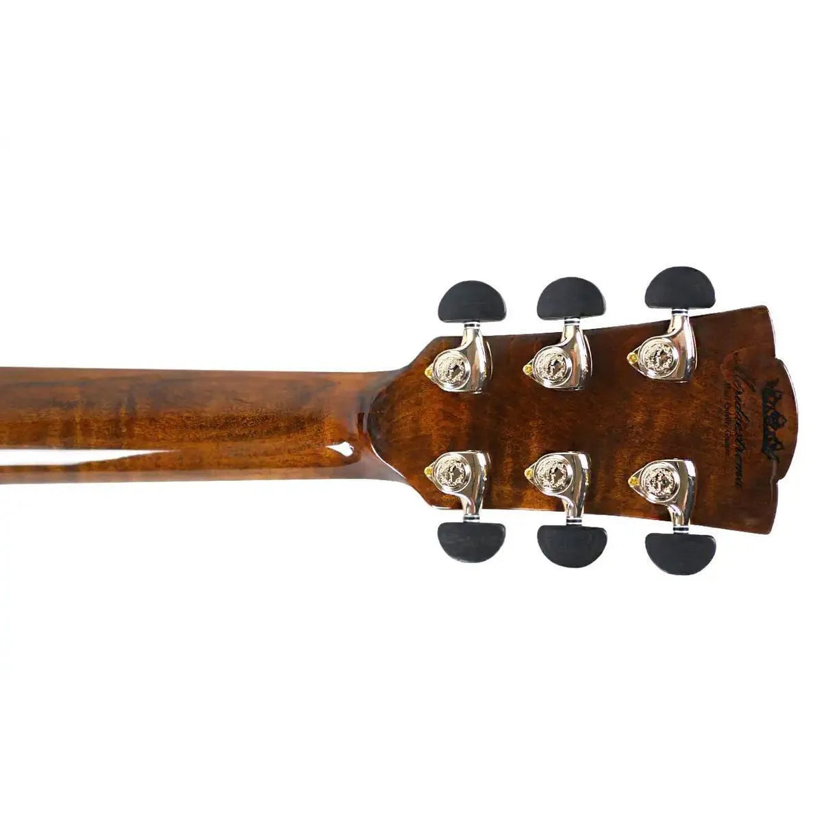 Mérida BLACKHOLE-EQ acoustic-electric guitar headstock with six chrome tuners and dark wood finish.