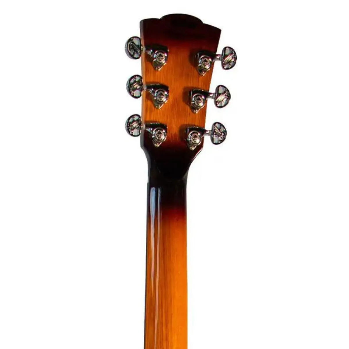 Mérida BLACKPANTHER-EQ acoustic-electric guitar headstock and neck with chrome tuners.