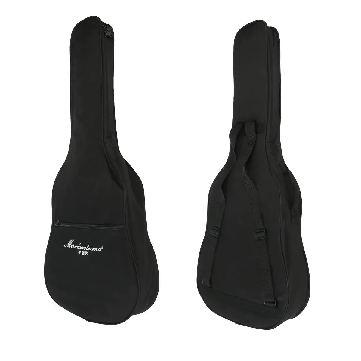 Mérida GB-15 black gig bag for acoustic-electric guitar, front with logo and back with straps.