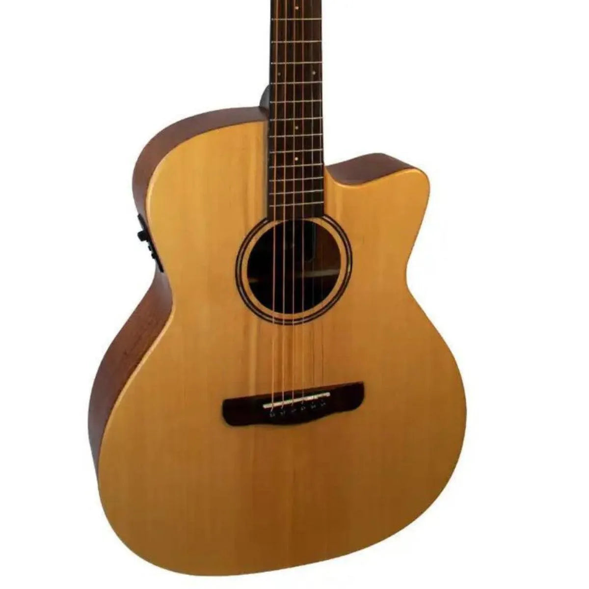 Mérida C25NGAC-EQ Auditorium acoustic-electric guitar with natural spruce top and Venetian cutaway.