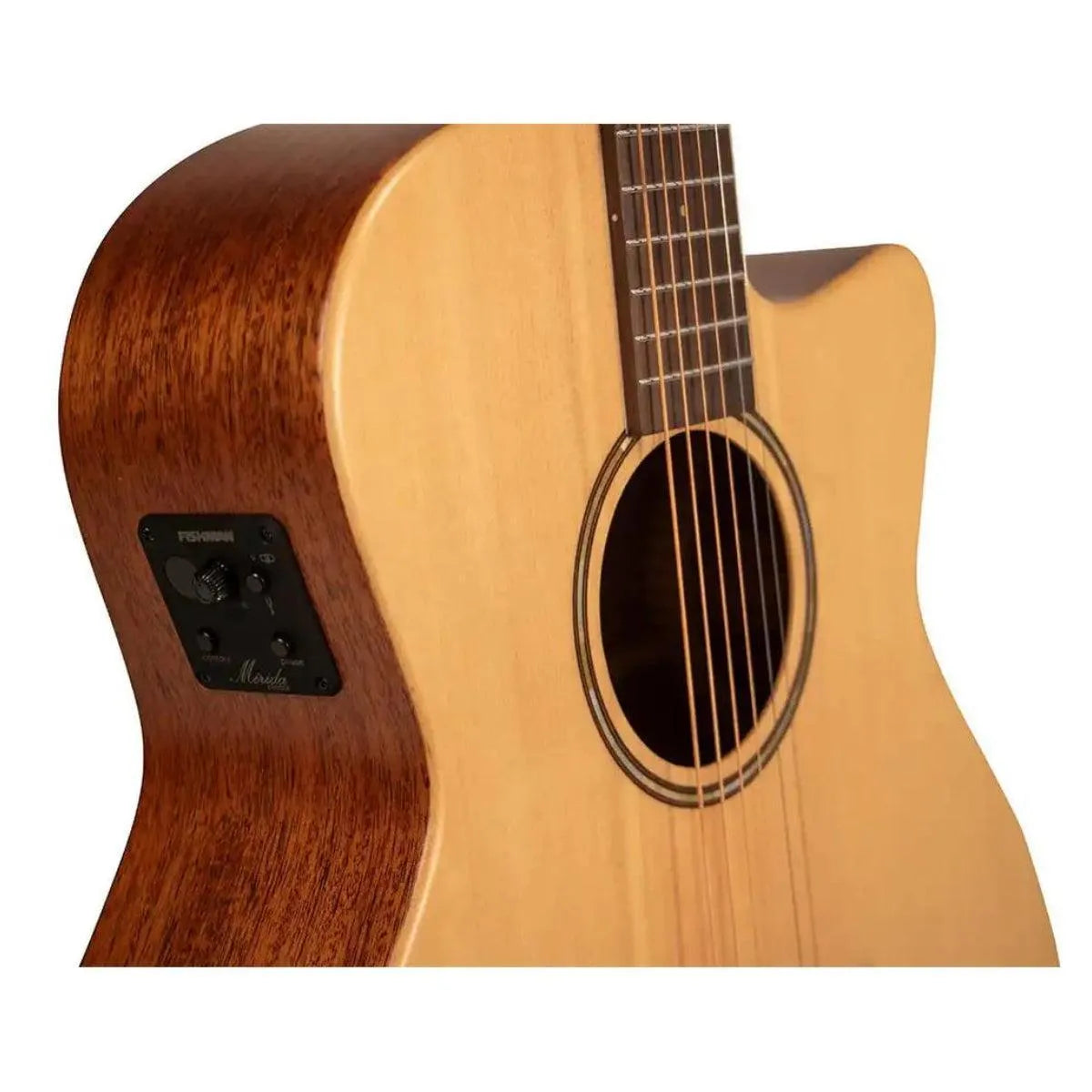 Mérida C25NGAC-EQ acoustic-electric guitar with natural spruce top, mahogany back, Venetian cutaway, and Fishman electronics.