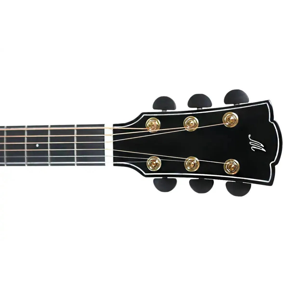Mérida COBRA-EQ acoustic-electric guitar headstock with black finish, gold tuners, and ebony buttons.