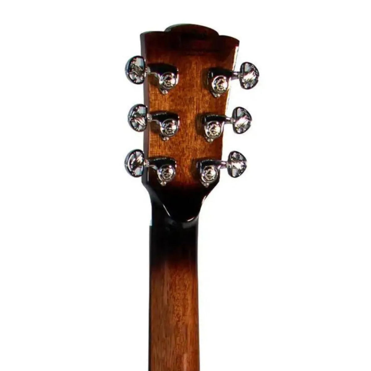 Mérida DG20BMBA-EQ G-Mini acoustic-electric guitar headstock with mahogany finish and chrome tuners.