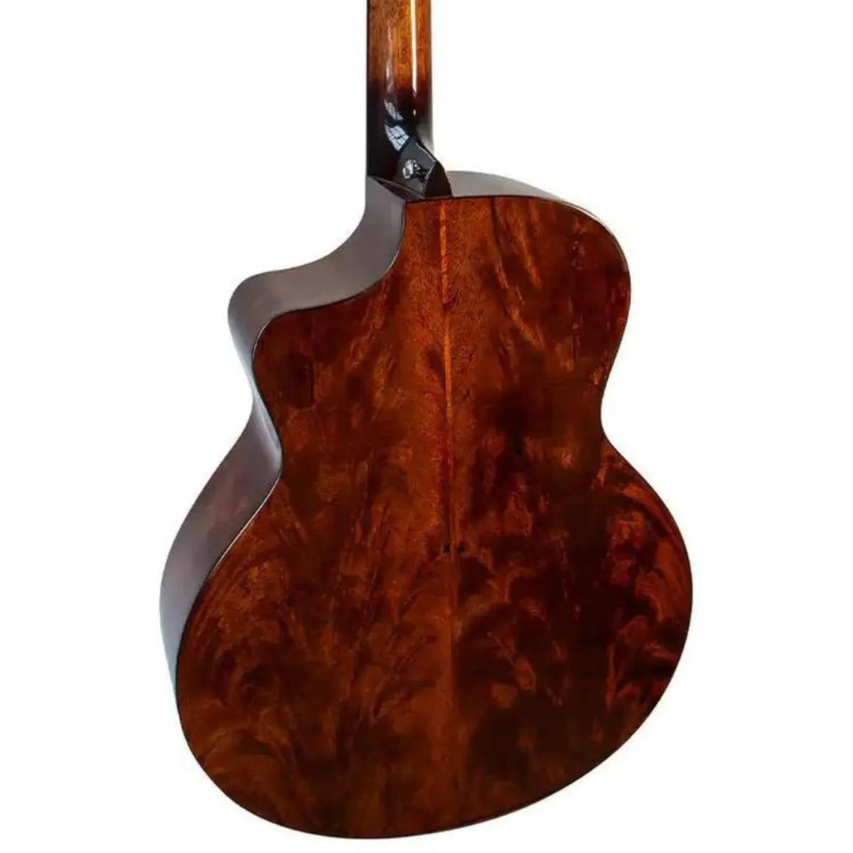 Mérida DG20BMCS-EQ Grand Concert acoustic-electric guitar back, showing figured mahogany and high-gloss finish.