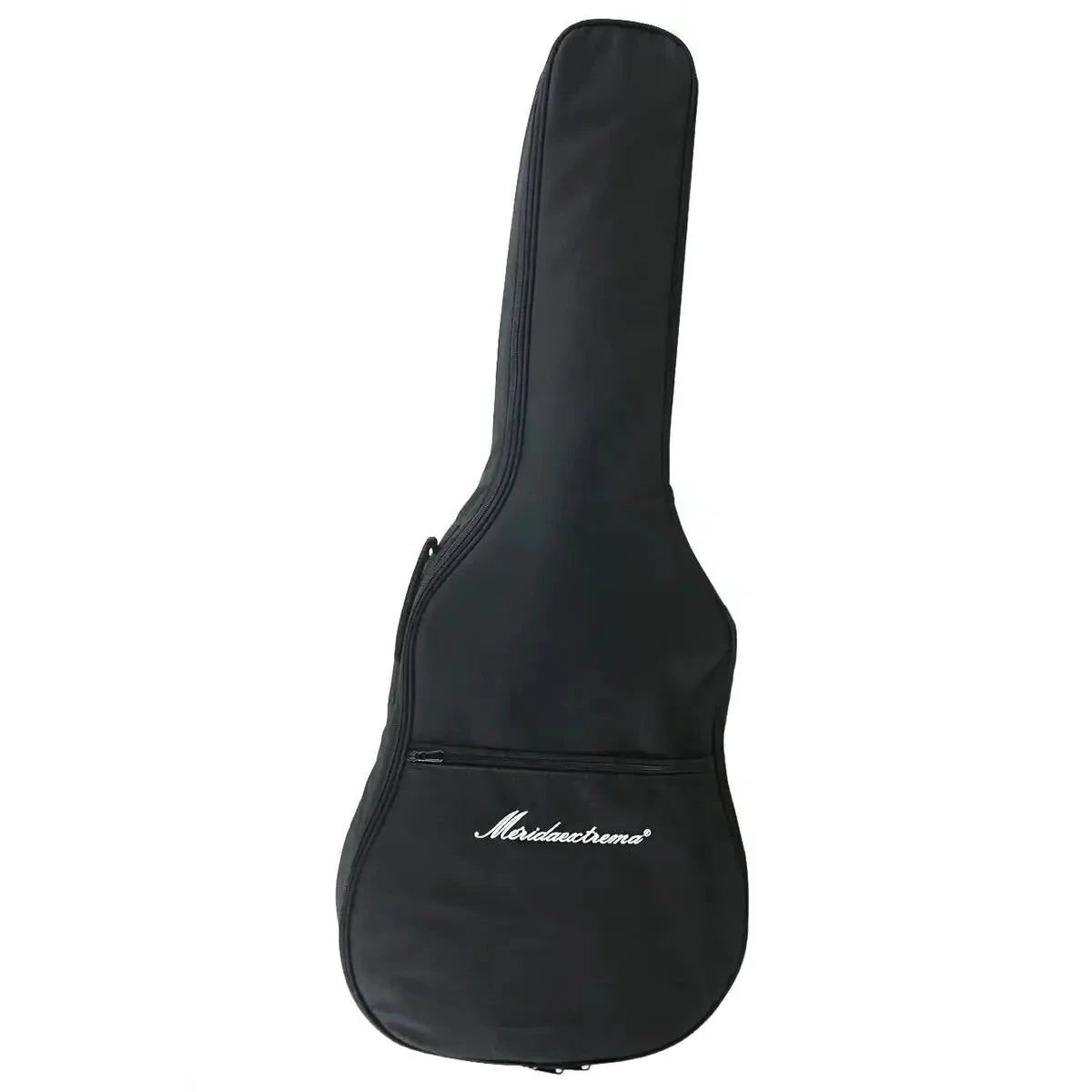 Black Mérida soft gig bag for acoustic-electric guitar, with white logo and zipper pocket.