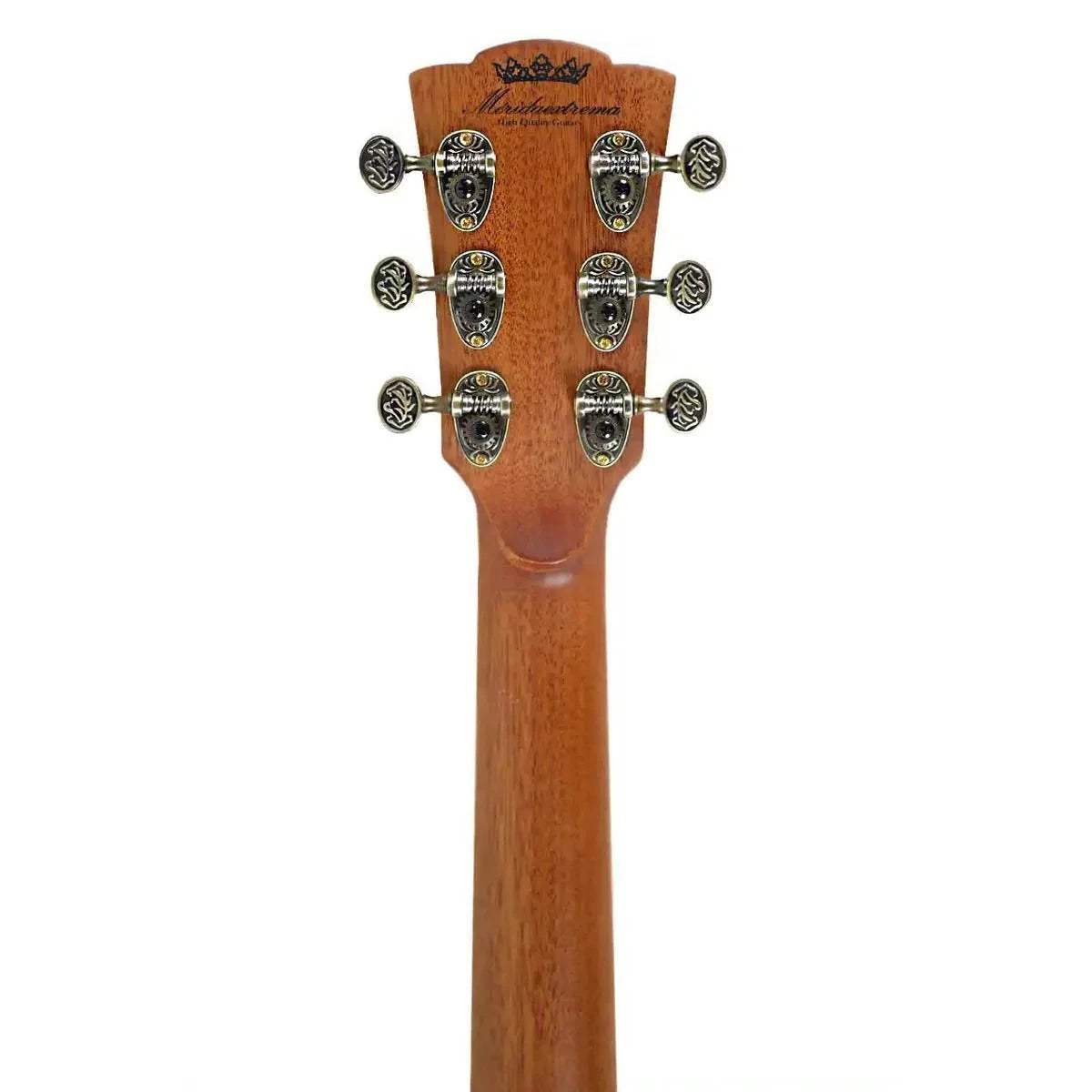 Mérida DG20FOLC-EQ Diana Series acoustic-electric guitar headstock with vintage matte finish and tuners.
