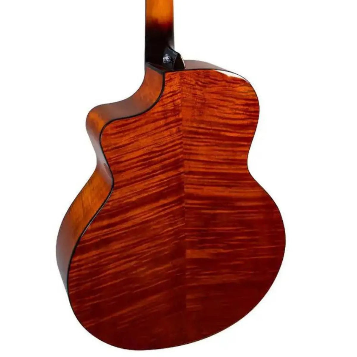Mérida DG20MFCS-EQ acoustic-electric guitar back, showing flamed Okoume wood and Venetian cutaway.