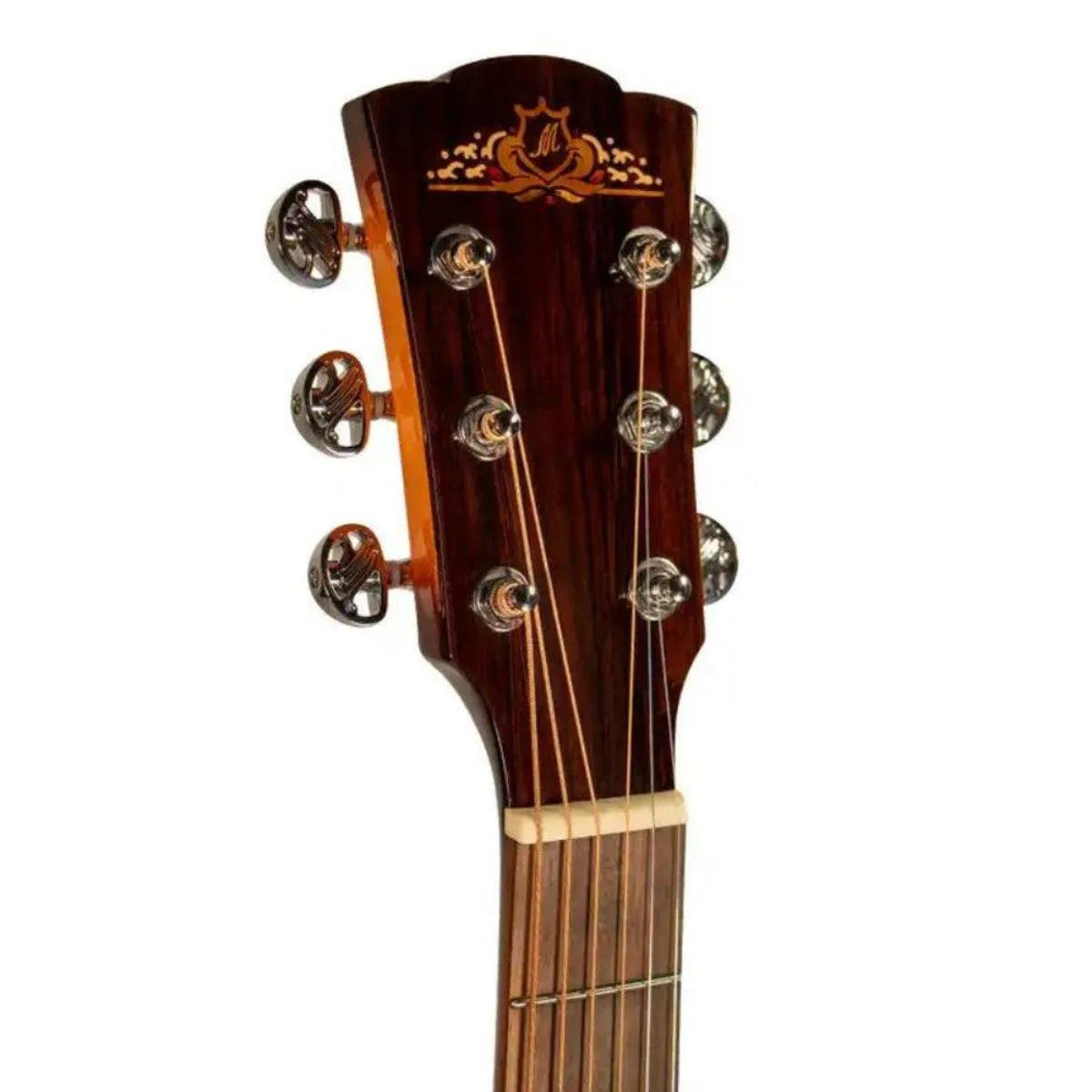 Mérida DG20MFCS-EQ acoustic-electric guitar headstock with ornate logo, chrome tuners, and dark wood finish.