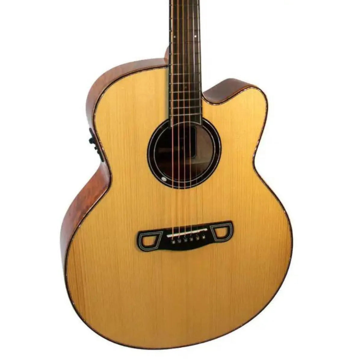 Mérida DTJC-EQ Grand Jumbo acoustic-electric guitar with solid spruce top, flamed maple back, and Venetian cutaway.
