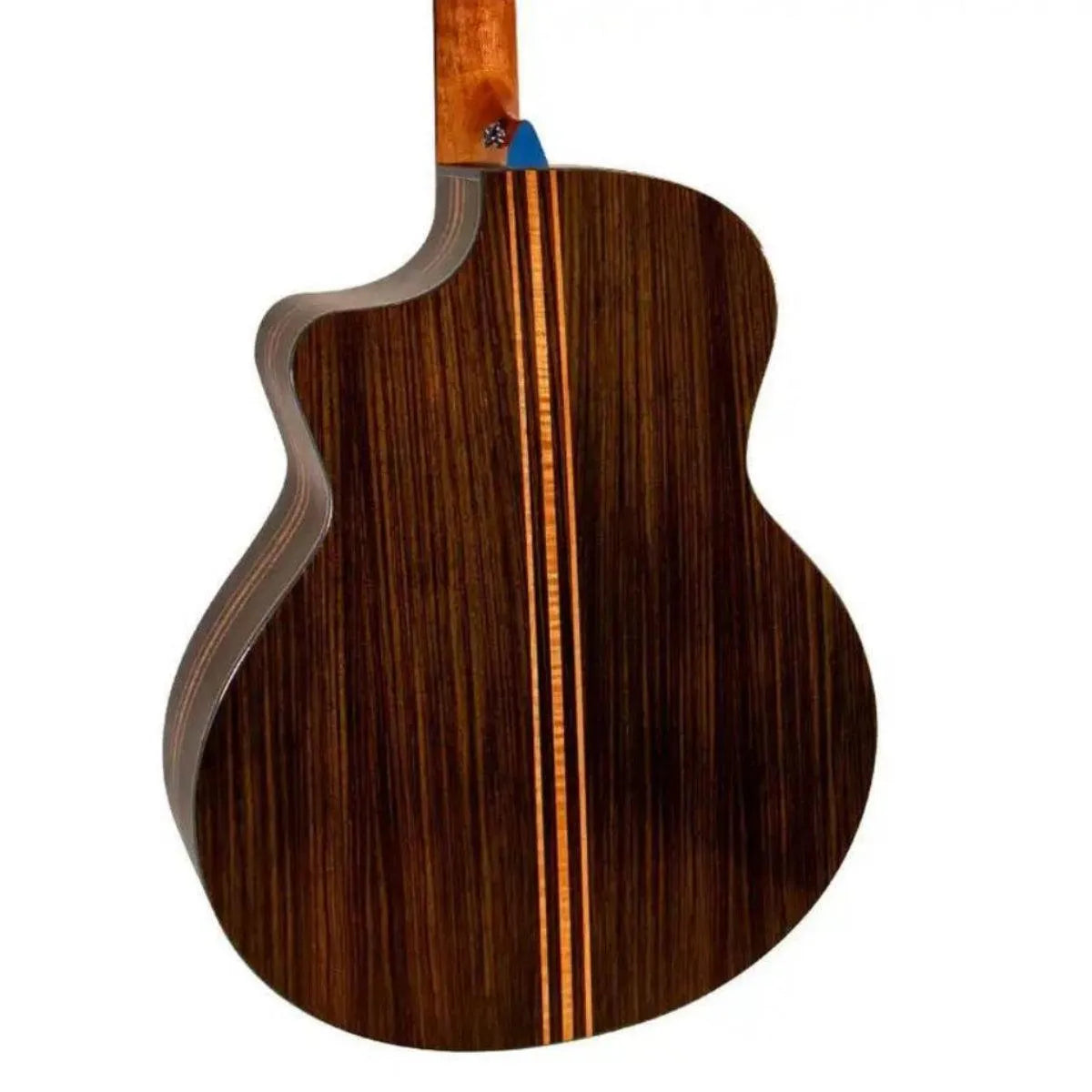 Mérida E1CS-EQ Grand Concert acoustic-electric guitar back, dark rosewood with light wood stripes.