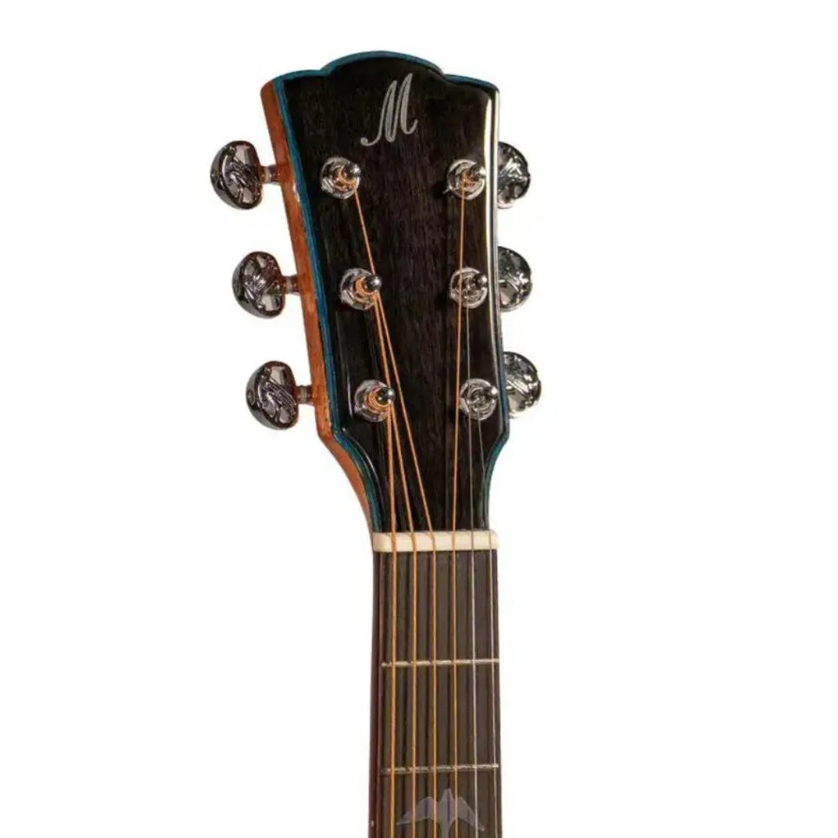 Mérida E1CS-EQ Grand Concert acoustic-electric guitar headstock with chrome tuners and "M" logo.