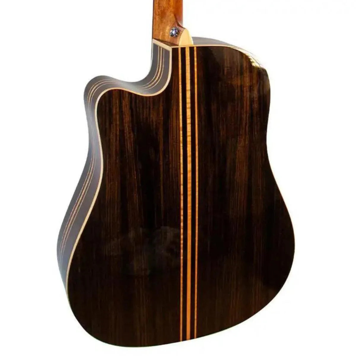 Mérida E1DC-EQ Dreadnought acoustic-electric guitar back, dark rosewood with light wood stripes.
