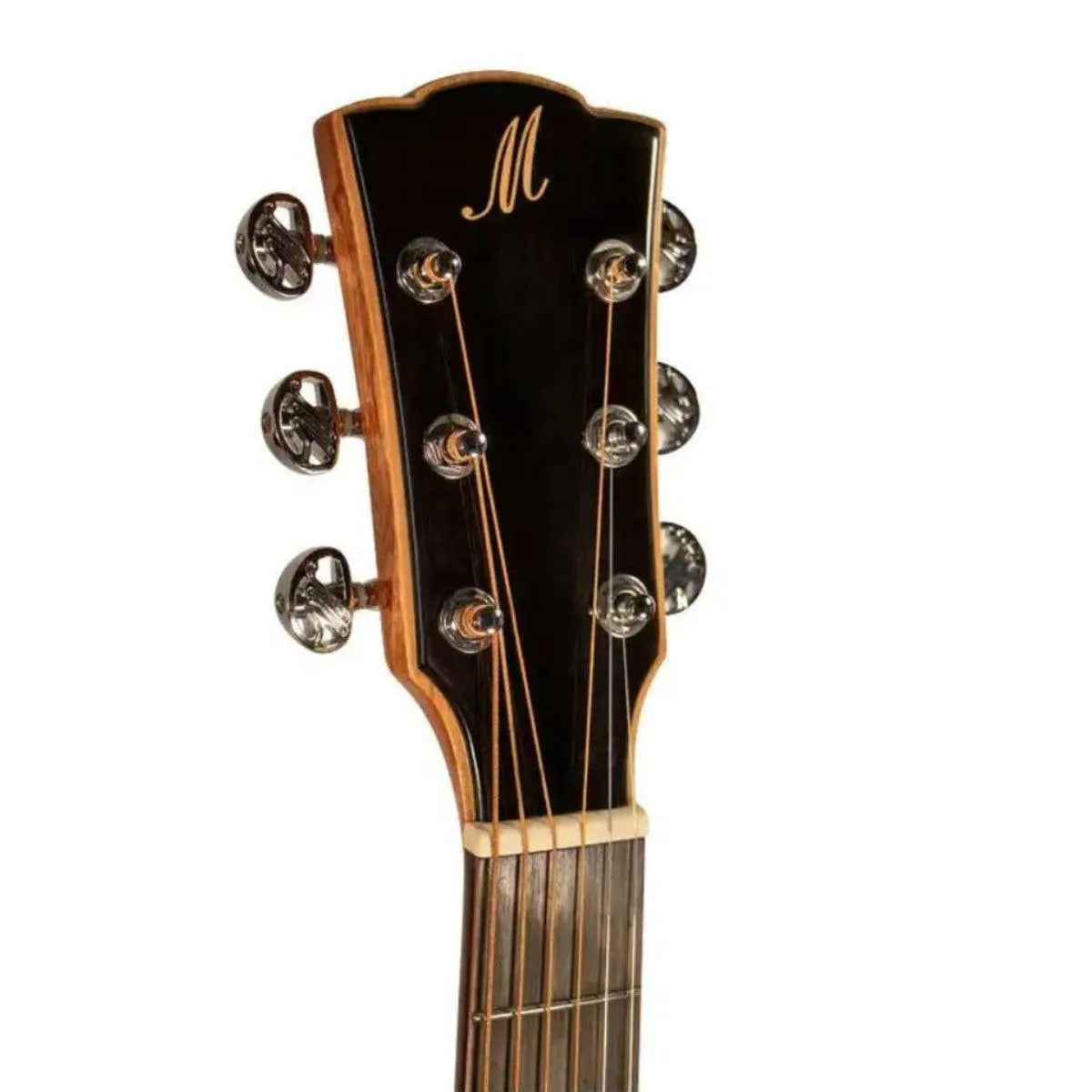 Mérida E1DC-EQ Dreadnought acoustic-electric guitar headstock with chrome tuners and "M" logo.