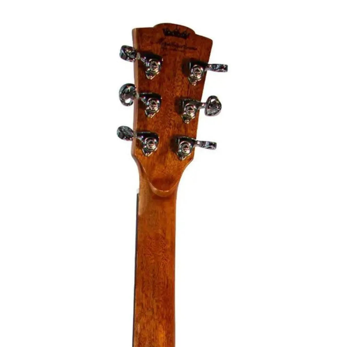 Back of a Mérida E1DC-EQ Dreadnought acoustic-electric guitar headstock and mahogany neck with chrome tuners.