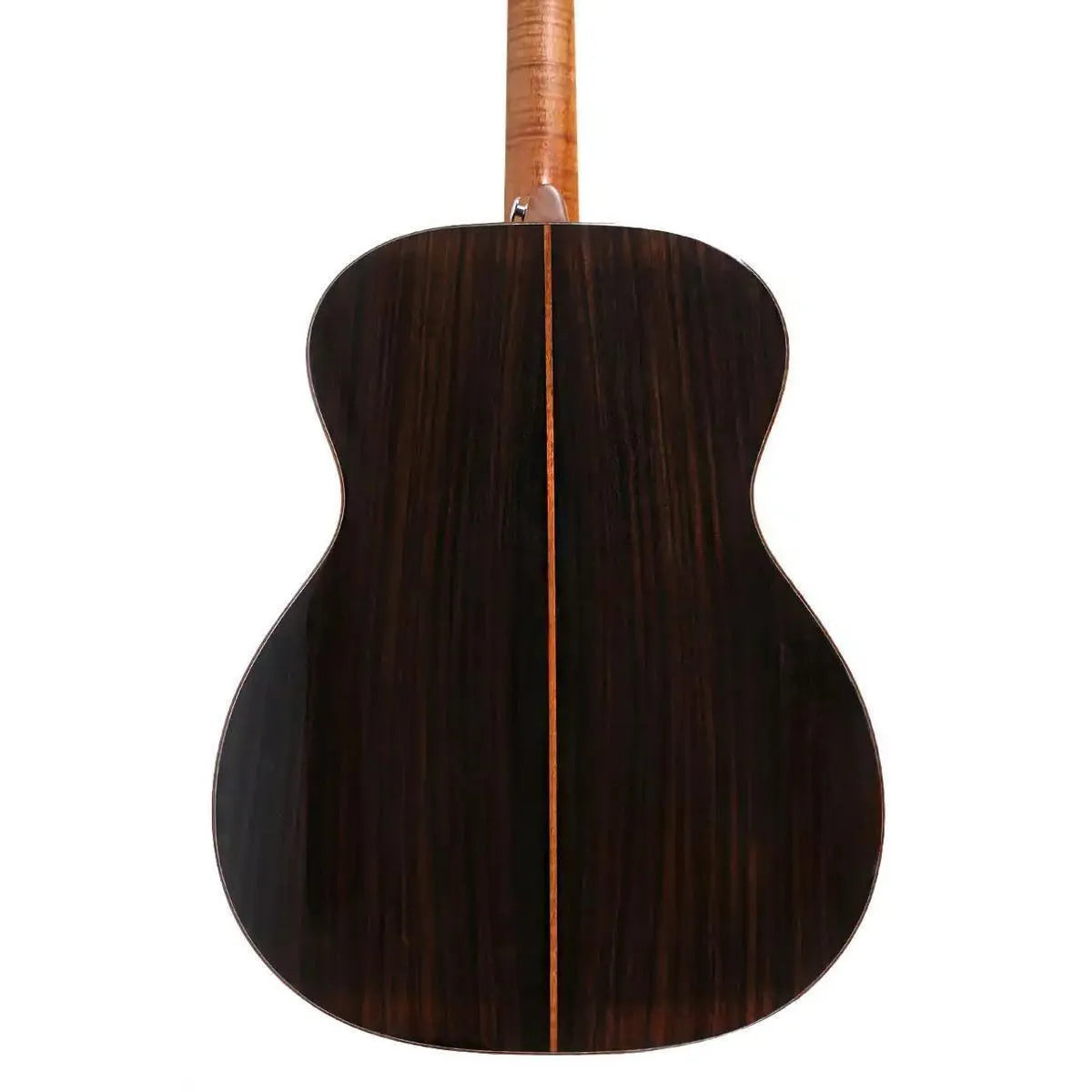 Back of Mérida EMPRESS Orchestra Acoustic-Electric Guitar, dark rosewood with light wood binding, flamed okoume neck.