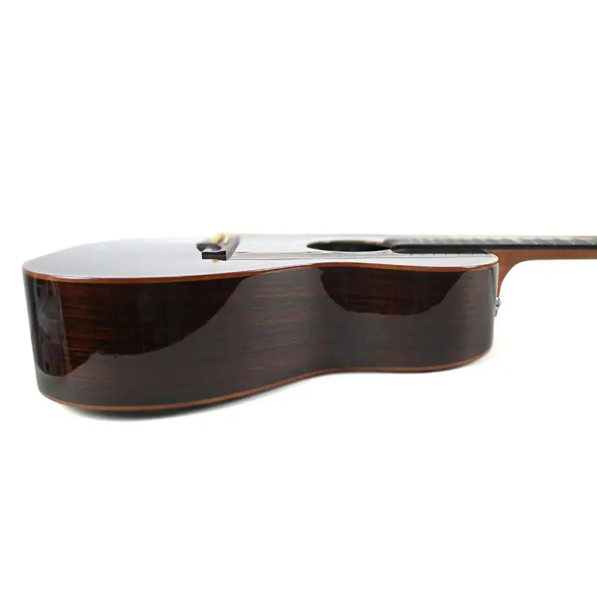 Mérida EMPRESS Orchestra Acoustic-Electric Guitar, side view, showcasing its dark rosewood body and high-gloss finish.