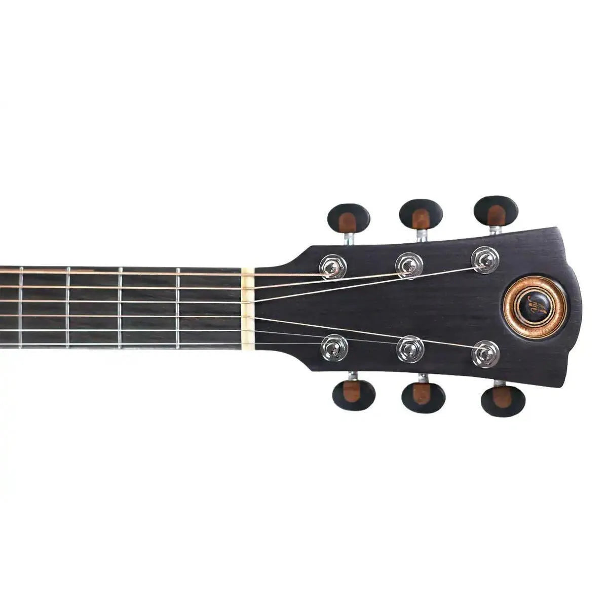 Mérida EMPRESS acoustic-electric guitar headstock with dark wood, chrome tuners, and gold logo.