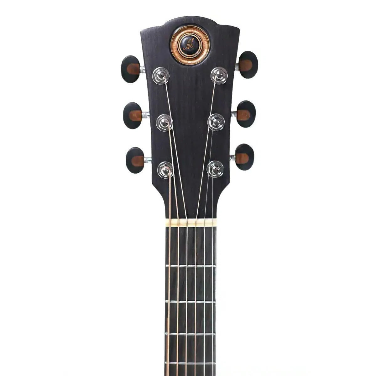 Mérida EMPRESS acoustic-electric guitar headstock with dark wood, chrome tuners, and gold logo.
