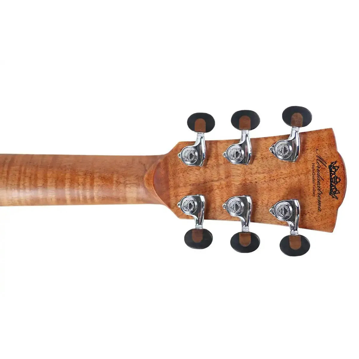 Mérida EMPRESS acoustic-electric guitar headstock with flamed okoume neck, chrome tuners, and logo.