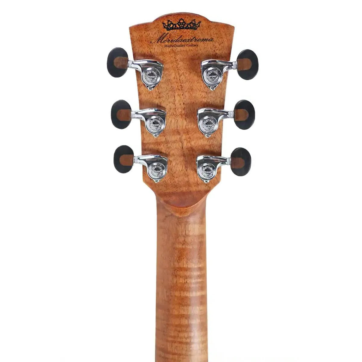 Mérida EMPRESS acoustic-electric guitar headstock with flamed okoume neck, chrome tuners, and logo.