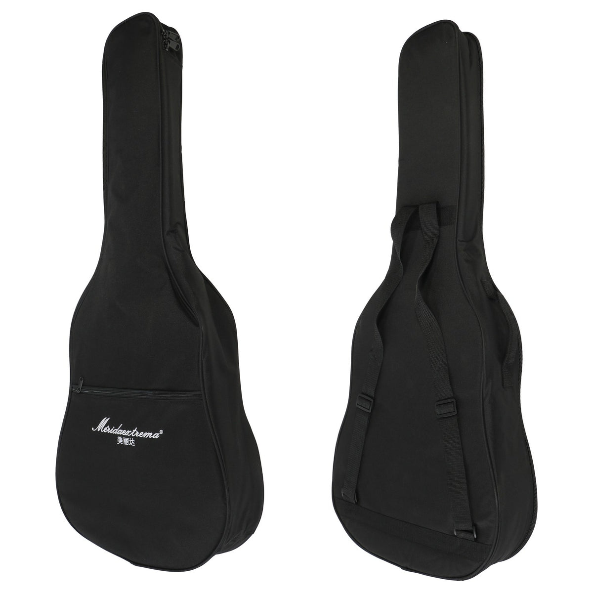 Mérida GB-15 black 8mm padded acoustic guitar gig bag, front with embroidered logo and back with backpack straps