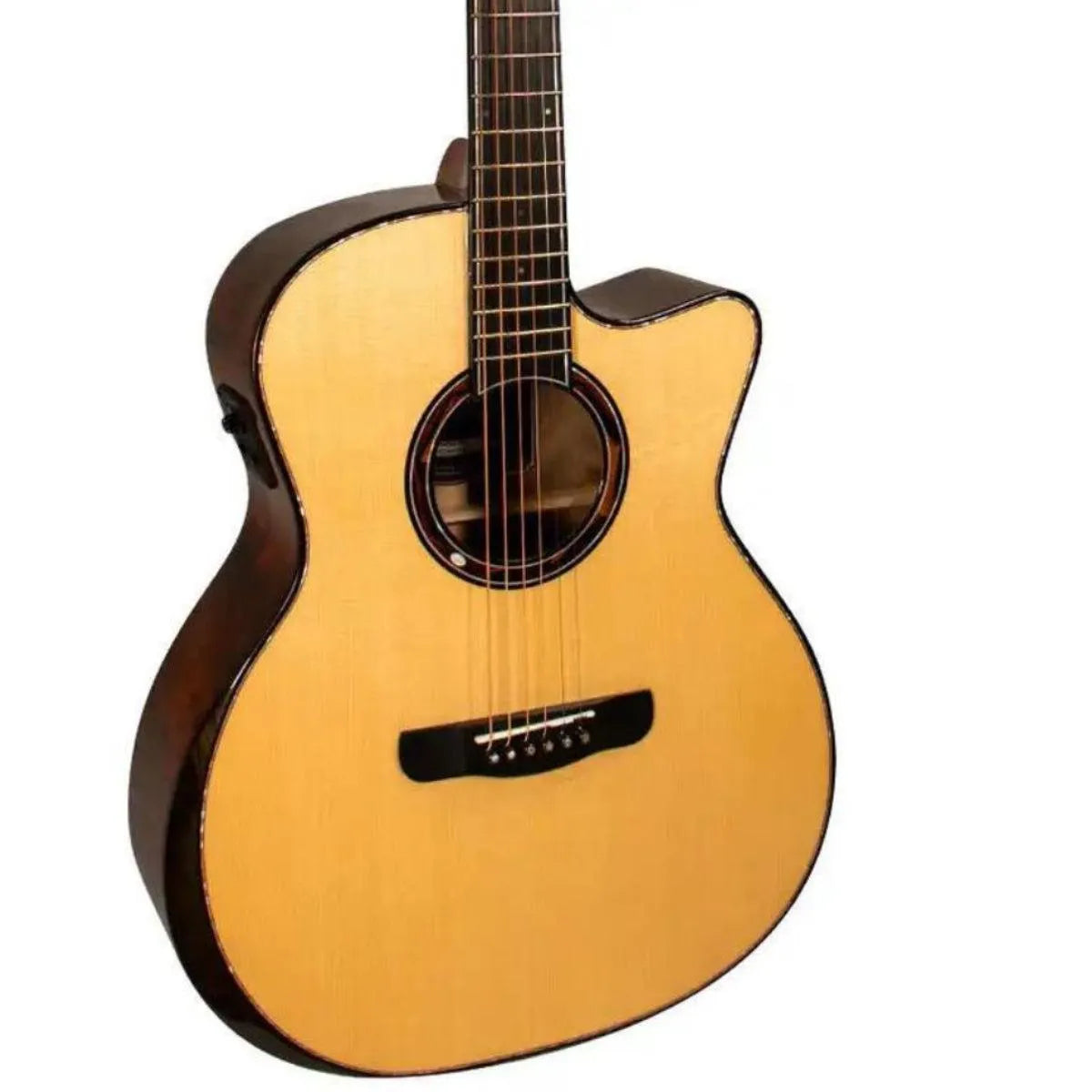 Mérida JAVELIN-EQ Auditorium acoustic-electric guitar with light spruce top, dark camphor burls, and Venetian cutaway.