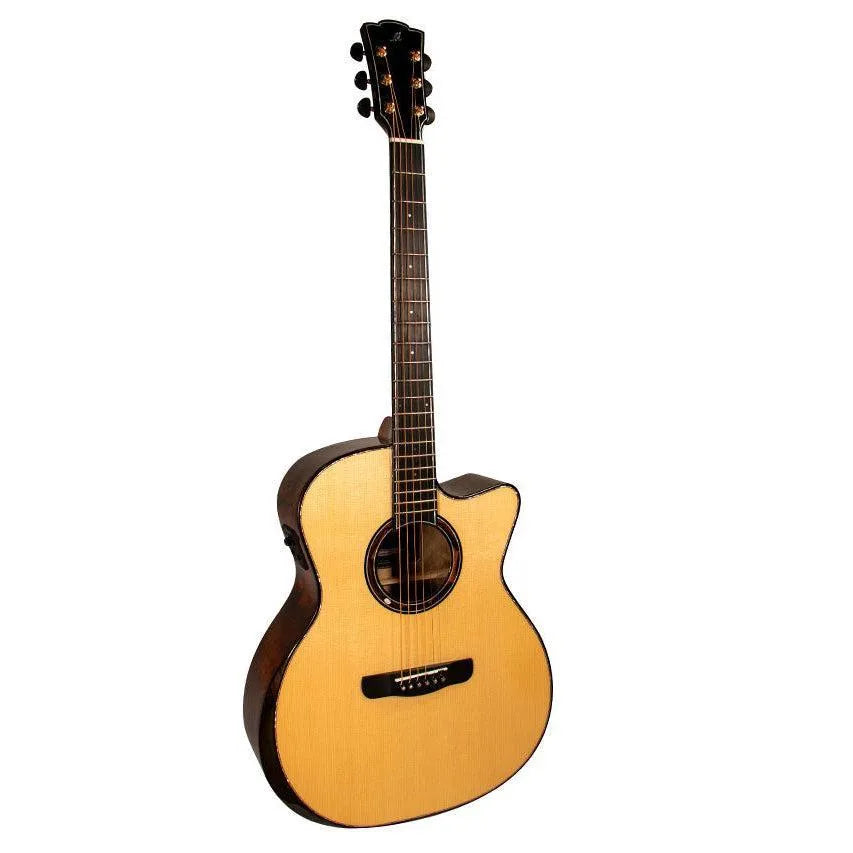 Mérida JAVELIN-EQ acoustic-electric guitar with light spruce top, dark camphor burls, and Venetian cutaway.