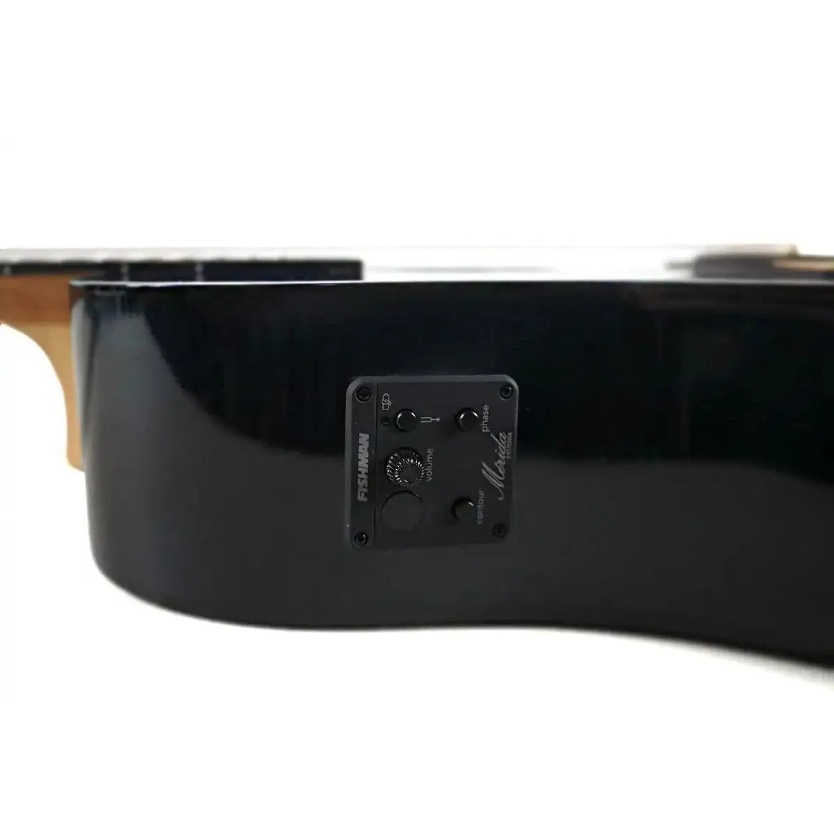 Mérida JULIET-EQ dreadnought acoustic-electric guitar's black side with Fishman preamp controls.