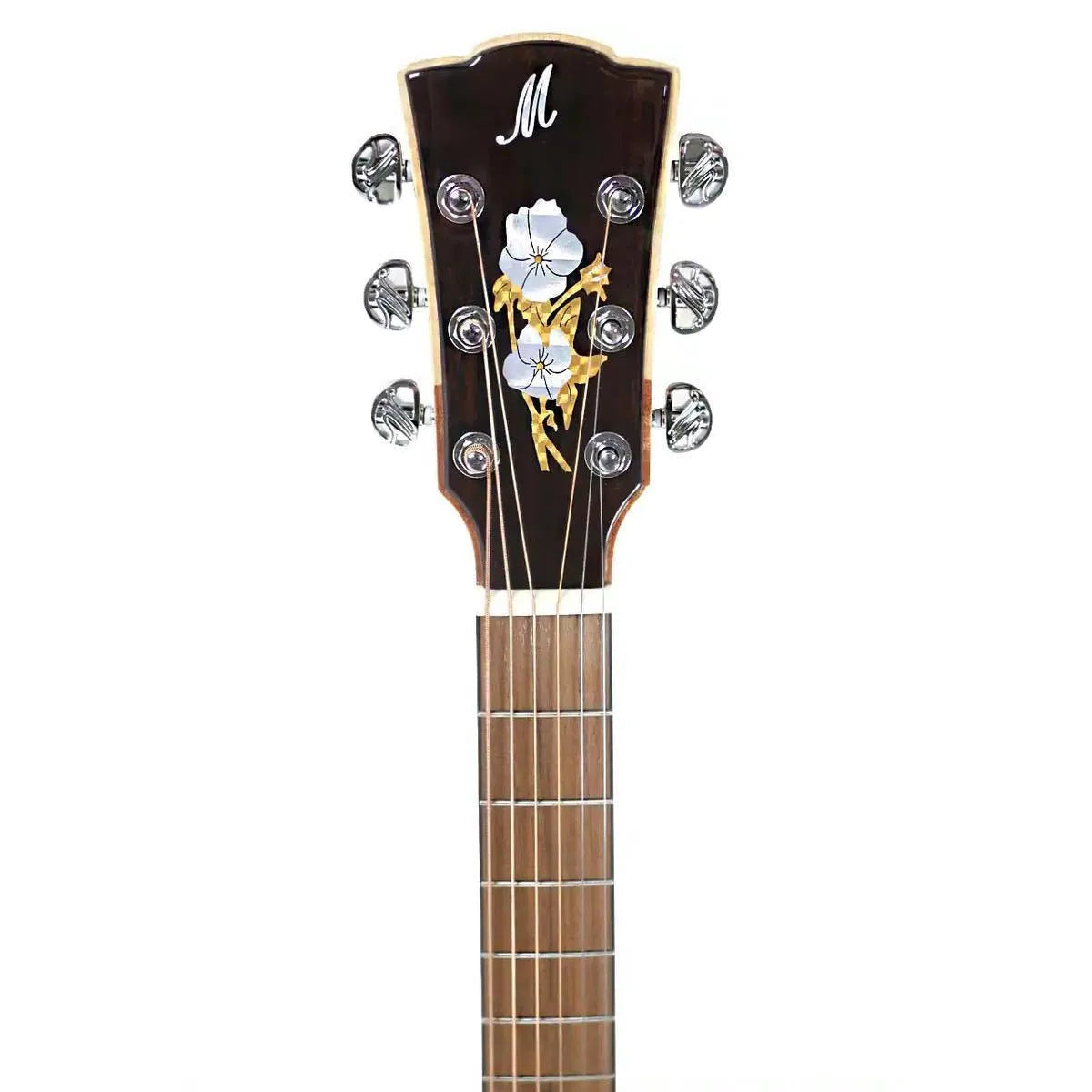Mérida JULIET-EQ acoustic-electric guitar headstock with floral inlay and chrome tuners.