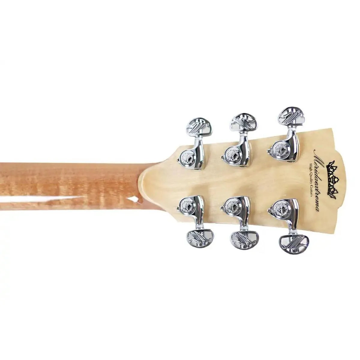 Mérida JULIET-EQ dreadnought guitar headstock with chrome tuners and natural wood finish.