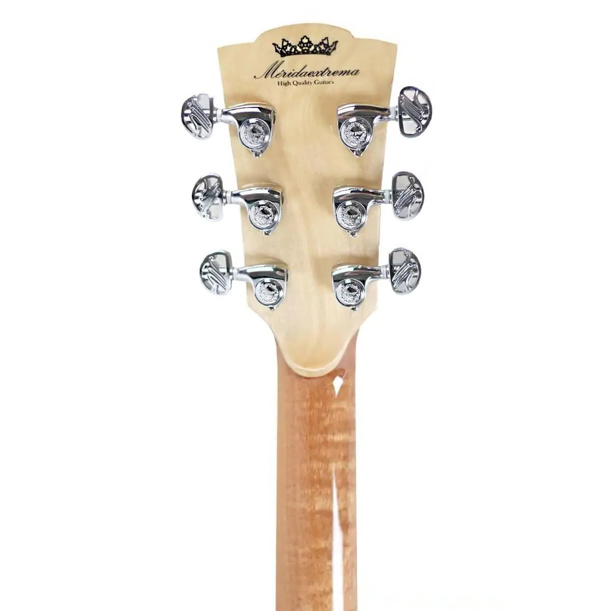 Mérida JULIET-EQ dreadnought guitar headstock with chrome tuners and natural wood finish.